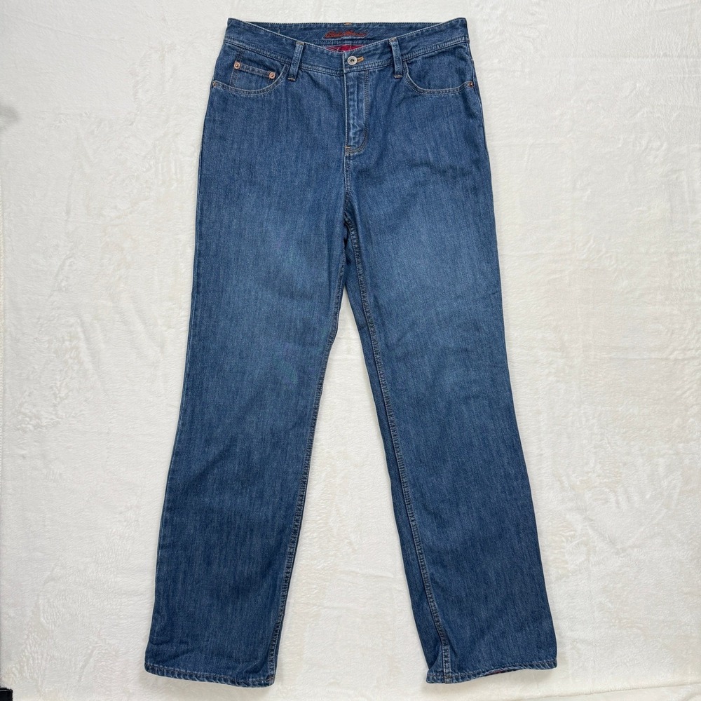 Eddie Bauer Jeans Womens 8 Blue Flannel Lined Straight‎ Leg Mid Rise Denim